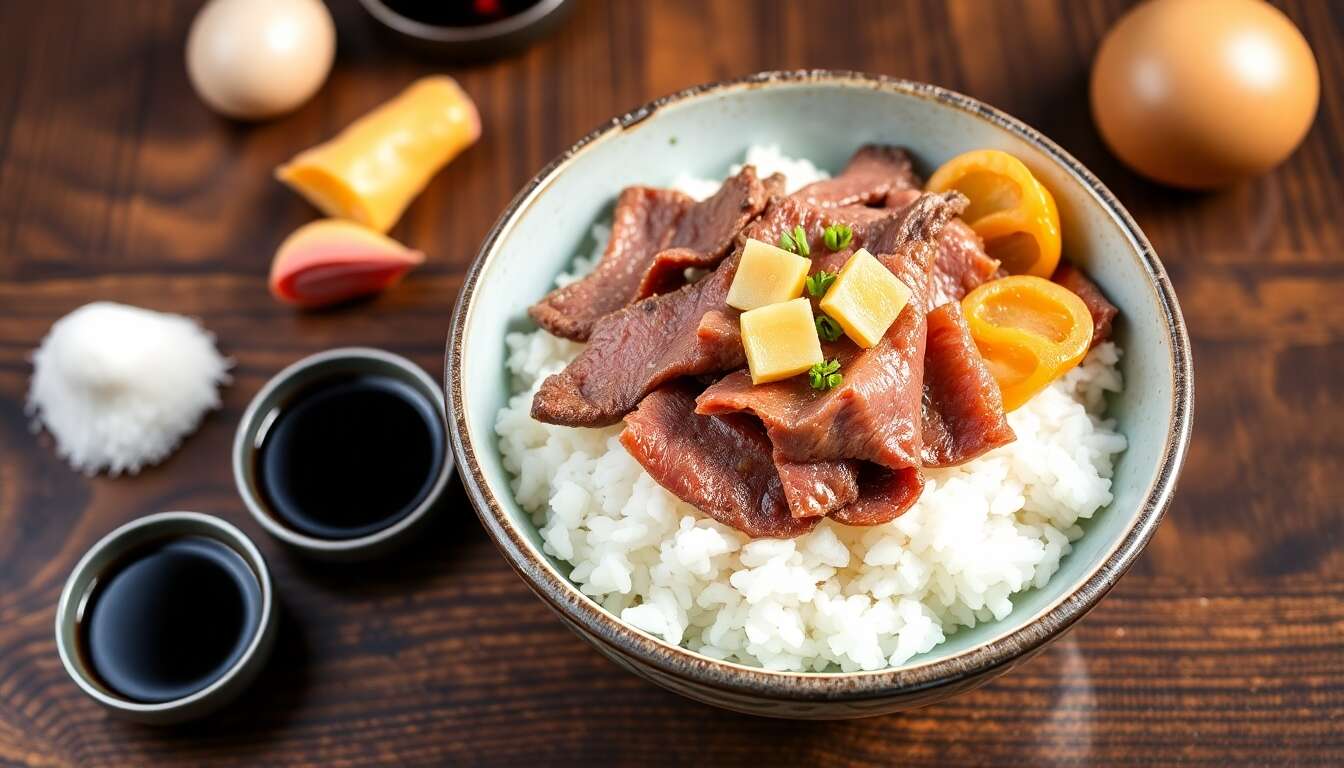 Recette Gyudon : bol de riz au bœuf japonais
