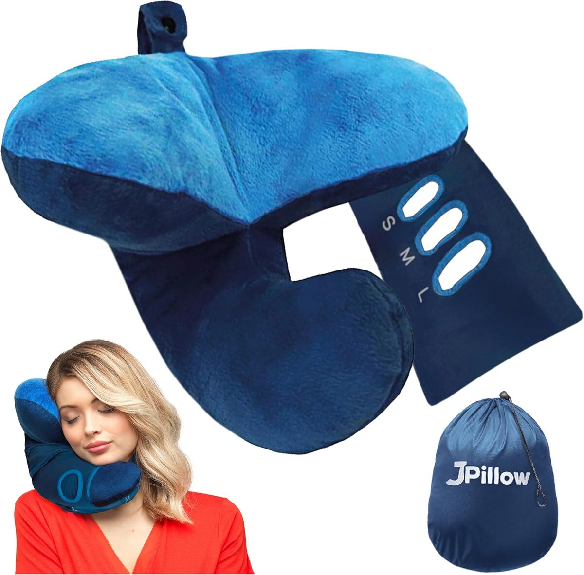 Test du coussin de voyage J-pillow : confort bleu marine innovant