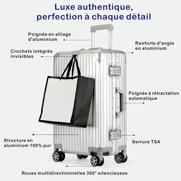 Valise Grande Taille · Valise soute · 4 Roues · Serrure TSA · Poignée Télescopique Réglable · Valise entièrement en 100% Aluminium · M-67.5cm · 65L · Argent