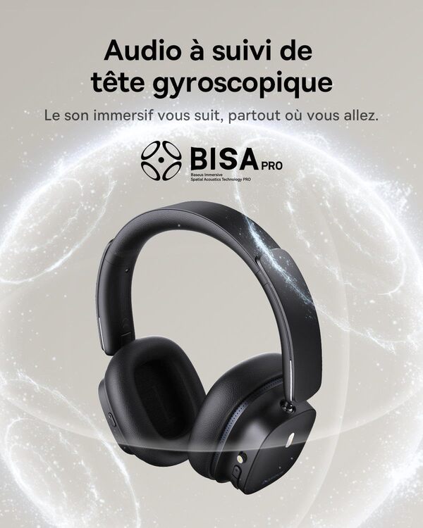 Baseus Casque Réduction De Bruit Active Avec Audio Spatial, Casque Sans-fil Bluetooth Avec LDAC Hi-Res Sound, 65H d'autonomie, Basses Profondes, Mode Transparence, EQ personnalisé via l'appli, Pliable