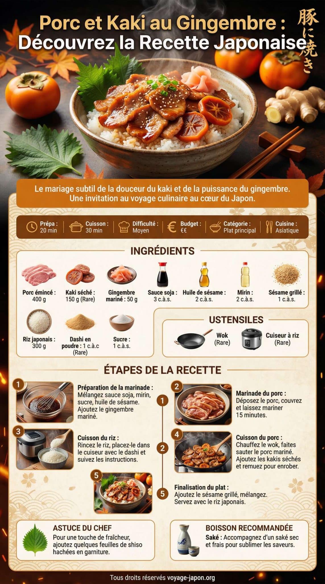 Infographie de la recette Porc et kaki au gingembre : d&eacute;couvrez la recette japonaise