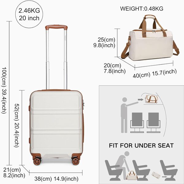 Kono Set de 2 Valises de Voyage Rigide Bagage Cabine 55cm à 4 roulettes avec Serrure TSA + Sac de Voyage Ryanair 40x20x25cm, Blanc Crème