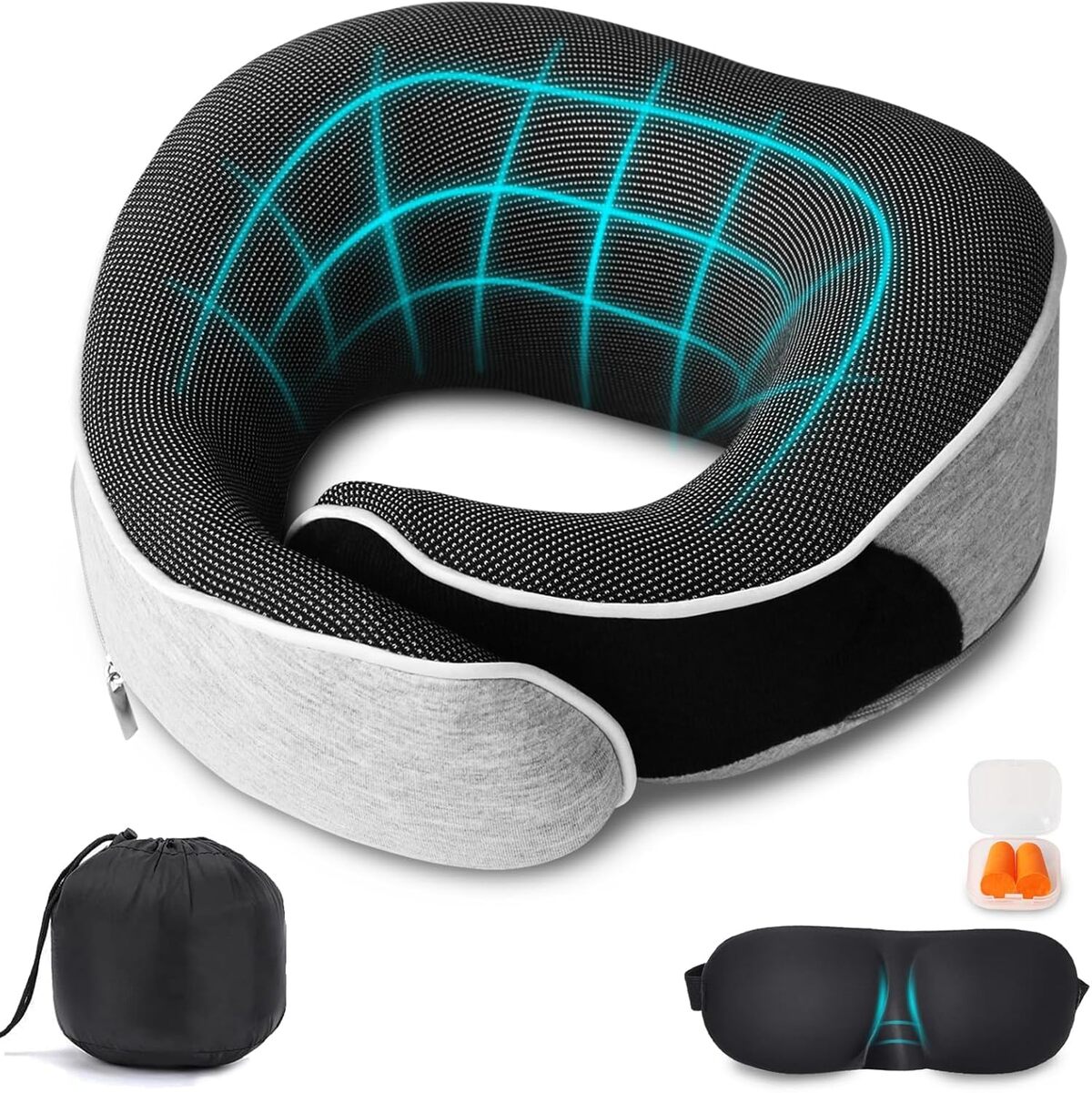 Oreiller De Voyage Voiture Avec Masque 3D - Soutien 360°, Réglable, Compact, Pour Dormir En Voiture Ou Train