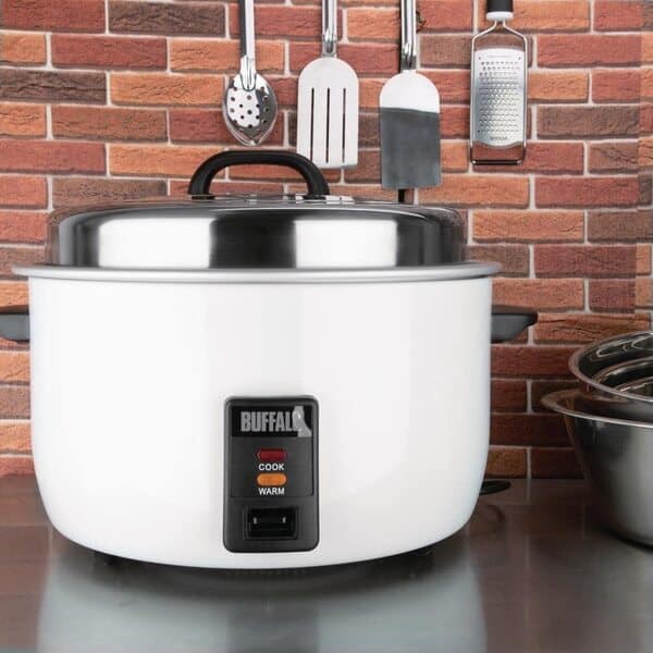 Buffalo Cuiseur à riz professionnel robuste 2,95 kW 10 litres, Blanc, Pot intérieur antiadhésif, Passage automatique de cuire à chaud, Capacité de riz : 23 litres cuits / 10 litres secs, CB944