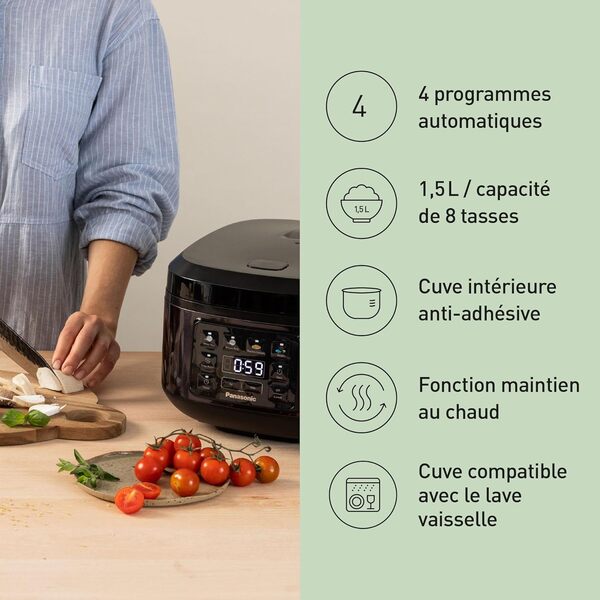 Panasonic SR-DA152KXE Cuiseur à Riz et Cuiseur Vapeur, Fuzzy Logic, Indicateur de Quantité d'Eau, sans BPA, Maintien au Chaud, Départ Différé, Noir