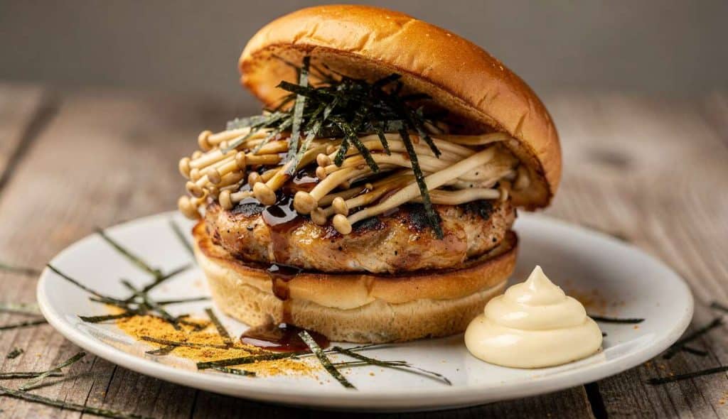Recette : burger de poulet et enoki façon japonaise